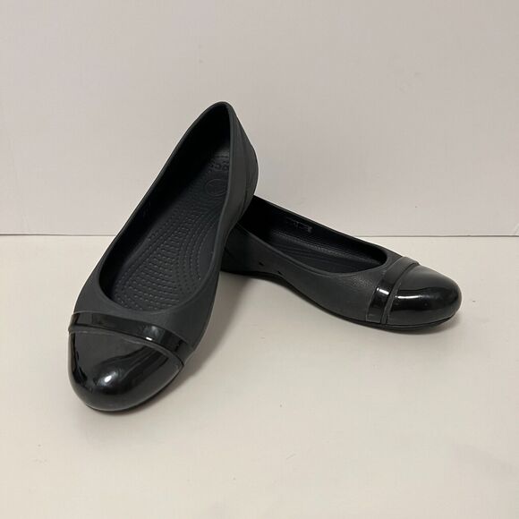 Crocs Shoes Womens 6 Black Ballet Flats Cap Toe Patent Shoes Casual Waterproof - Picture 8 of 11